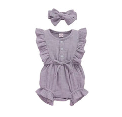 Baby Girl Summer Romper with Headband – Pink & Purple