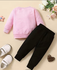 2pcs Baby Girls Casual Heart Print Pink Pullover Sweatshirt & Black Sweatpant