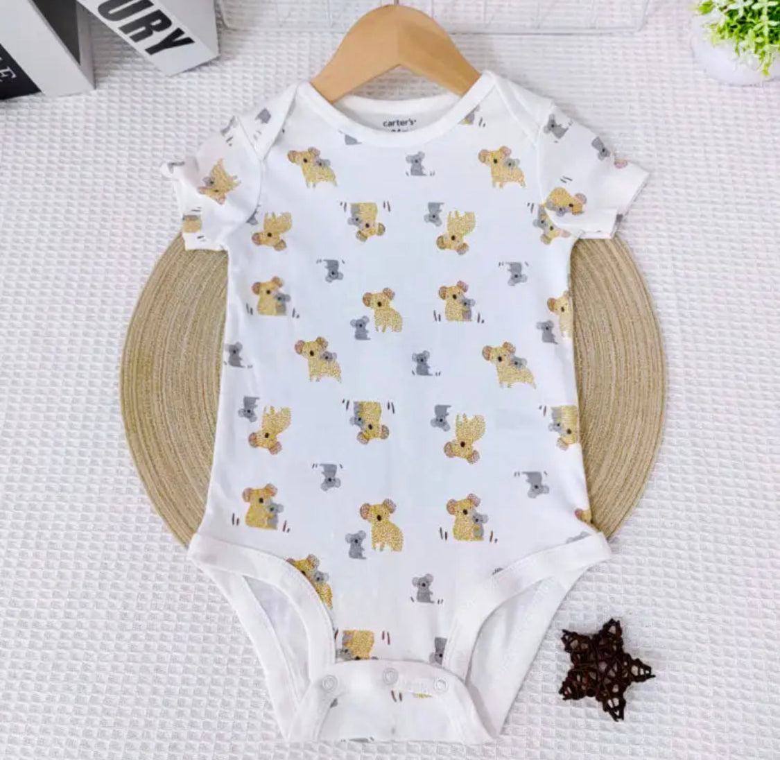 Baby Bodysuit Vest with Bear Print – 100% Cotton, Short Sleeve