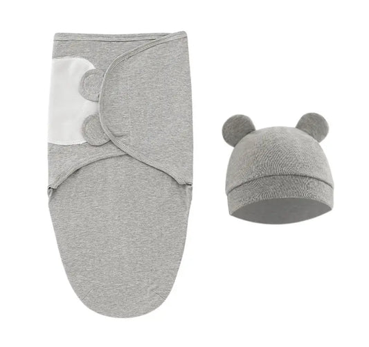 Grey baby unisex sleep swaddle blanket set with hat