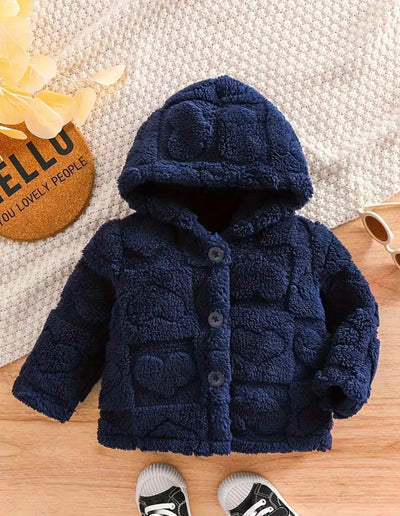 Baby boy navy blue kids plush hooded winter jacket buttoned coat