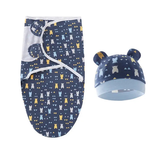 Newborn baby swaddle blanket & hat set, soft cotton blue bear graphic design