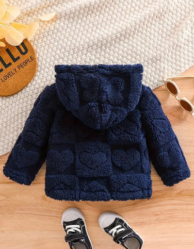 Baby boy navy blue kids plush hooded winter jacket buttoned coat