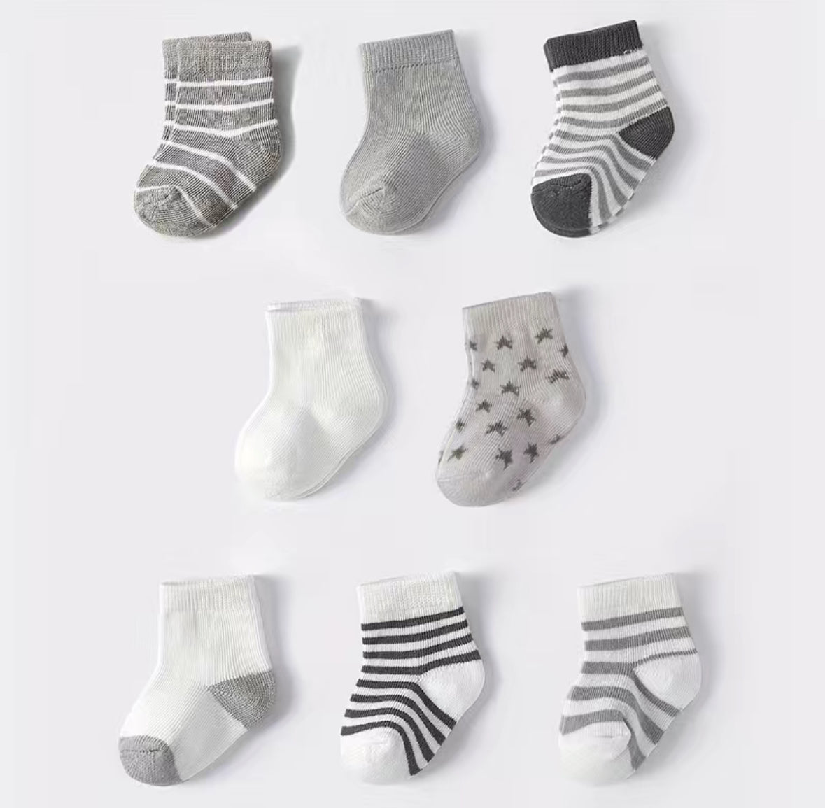 8 Stylish Grey & White Socks for Infants - Baby Socks