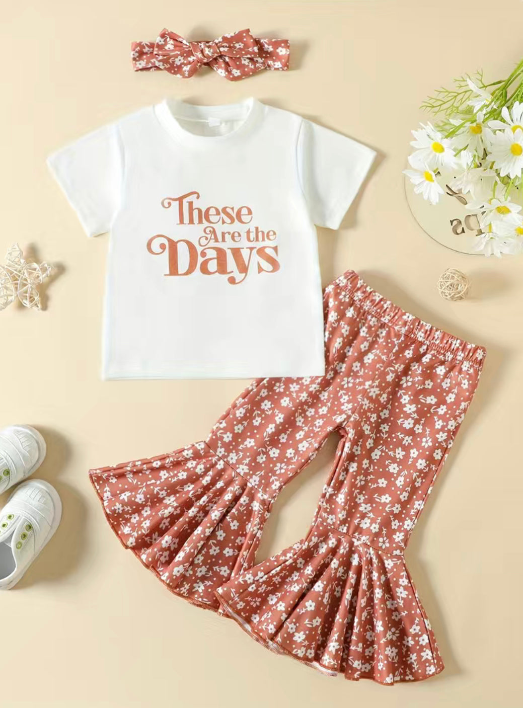 3-Piece baby girl outfit t-shirt floral flared pants & headband