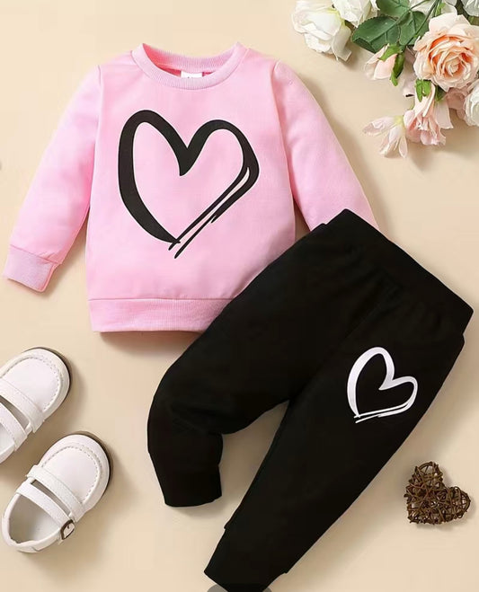 2pcs Baby Girls Casual Heart Print Pink Pullover Sweatshirt & Black Sweatpant