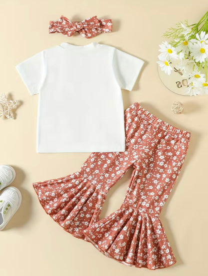 3-Piece baby girl outfit t-shirt floral flared pants & headband