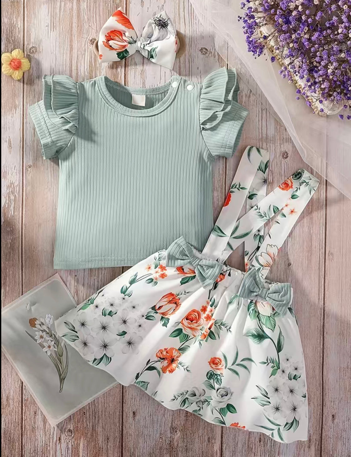 Baby girl 3-piece summer t-shirt & floral suspenders skirt with headband