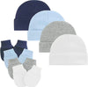 NEWBORN 4-PIECE blue, grey & white HAT & MITTENS SET